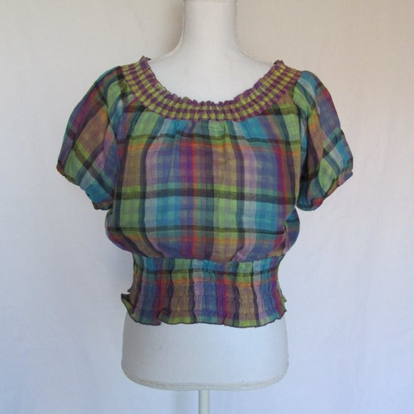 New Voice Woman’s Girl’s Fashion Multicolored Plaid Print Short Sleeves Top L - Picture 1 of 11